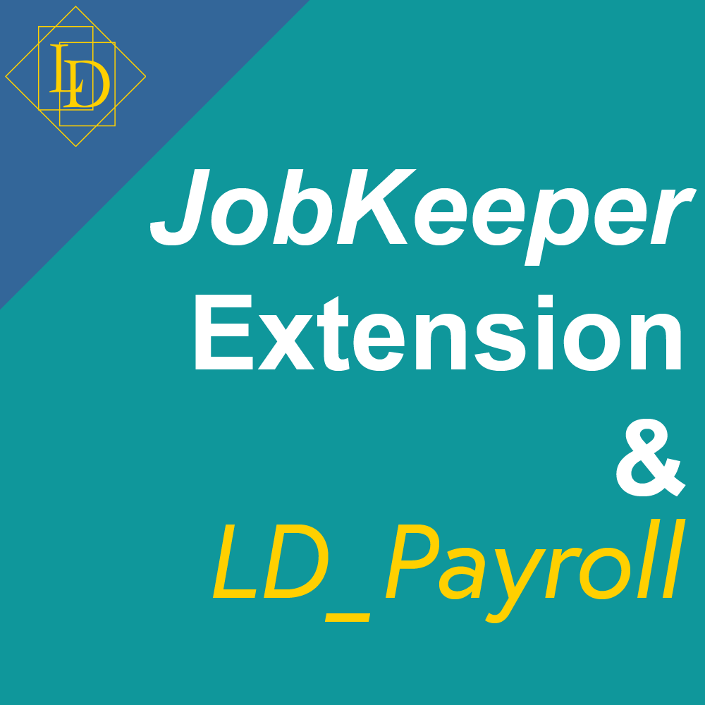 Using the green-ish blue of the Australian Taxation Office for a background colour, the thumbnail has the title, "JobKeeper Extension & Payroll", written spanning the entire height. The title is written in white and then yellow. In the top corner is the Logical Developments logo in gold on blue. The Logical Developments logo which is a diamond with the letters L and D inside of it. The letters are offset from each other vertically while also overlapping horizontally. The each sit inside of their own rectangle.