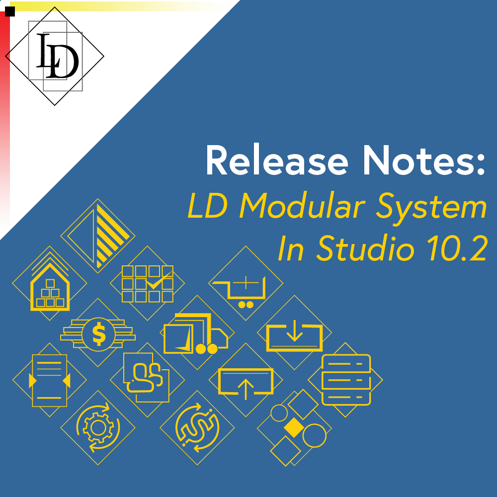 The thumbnail shows the logo of every module that has received updates in the Omnis 10 environment. In the middle right is the title of the article, "Release Notes: LD Modular System in Omnis Studio 10.2". In the top left is the Logical Developments logo which is a diamond with the letters L and D inside of it. The letters are offset from each other vertically while also overlapping horizontally. The each sit inside of their own rectangle.