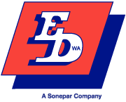 The Electrical Distributors logo - an italic and capitalised E and D inside of a red parallelogram which sits offset and above a dark blue parallelogram.